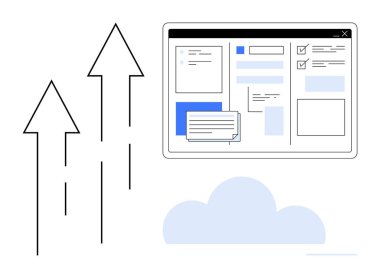 Bulut elementi ve yukarı doğru oklarla dijital kontrol paneli ilerlemeyi, veri büyümesini ve ölçeklenebilirliği gösteriyor. Teknoloji, üretkenlik, yenilik, bulut hesaplama, analitik için ideal