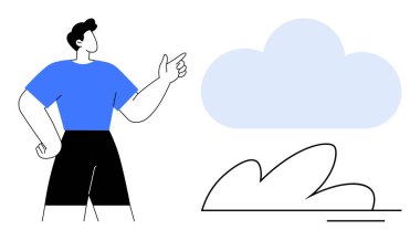 Soyut figür, sadeleştirilmiş çimen şekillerinin üzerindeki bir bulutu işaret ediyor. Yaratıcılık, beyin fırtınası, çevre, fikirler, keşif, iletişim, rehberlik için idealdir. Asgari ve basit düz metafor