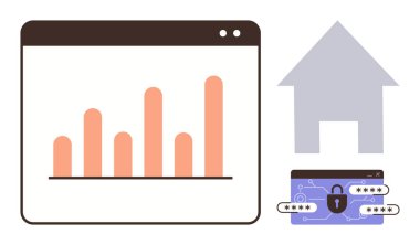 Tarayıcıdaki çubuk grafik, güvenli şifre girişi ve konsept olarak teknolojik gelişmelere bağlı ev formu. Veri analizi, dijital güvenlik, akıllı evler, yenilik, fintech, IOT kullanıcısı için ideal