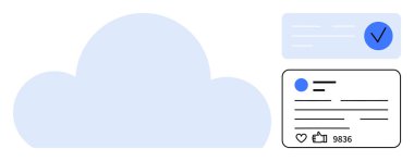 Onaylanmış rozeti olan mavi bulut, sosyal medya kartı, onaylar ve nişan istatistikleri. Bulut uygulamaları, sosyal medya, çevrimiçi güvenlik, teknoloji blogları, basit iniş sayfaları için ideal