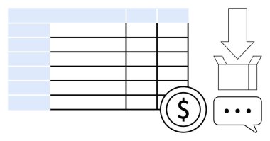 Dolar işareti simgesi olan masa düzeni, aşağı doğru ok, açık kutu ve sohbet balonu. Finans, veri analizi, ecommerce, envanter, iletişim lojistiği için ideal minimum düz tasarım metaforu