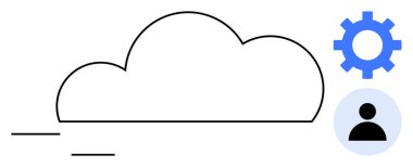 Teçhizatlı ve kullanıcı simgeli ana hat bulutu. Takım çalışması, bağlantı, yenilik, depolama ve bilişim sistemlerini temsil eder. Teknoloji, veri, ağ oluşturma, bulut hizmetleri yönetimi işbirliği için idealdir.