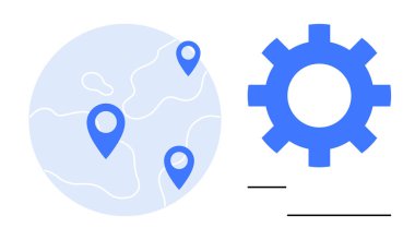 Bir vites sembolünün yanında üç konum belirleyicisi olan dünya küresi bağlantı, navigasyon ve küresel operasyonları işaret ediyor. Temalar için ideal teknoloji, lojistik, yönetim, takım çalışması