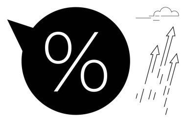 Konuşma baloncuğunun içindeki, yükselen okları ve bulutu olan cesur yüzdelik sembolü. Finans, büyüme, ilerleme, satış, pazarlama, analitik, yatırım için ideal düz metafor