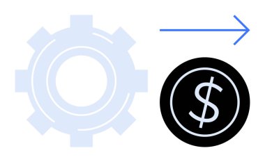 Vites ve dolar para görsel olarak bir okla bağlantılı, iş akışını, finans ve verimliliği sembolize ediyor. İş için ideal, otomasyon, verimlilik, strateji, kar yeniliği basit düz metafor