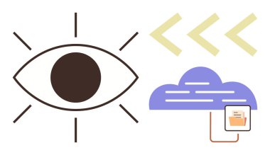 Göz sembolü bağlı dosya indirme ve yönsel oklarla bulutu gözlemliyor. Teknoloji, güvenlik, bulut depolama, veri yönetimi, gizlilik, gözetleme ve izleme için ideal. Basit bir daire.