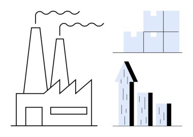 Duman yayan fabrikalar, depolamayı sembolize eden istiflenmiş kutular, verimliliği, başarıyı ve iş ölçeklemesini simgeleyen bar tablosu. Üretim, lojistik, büyüme ve tedarik zinciri ekonomisi için ideal