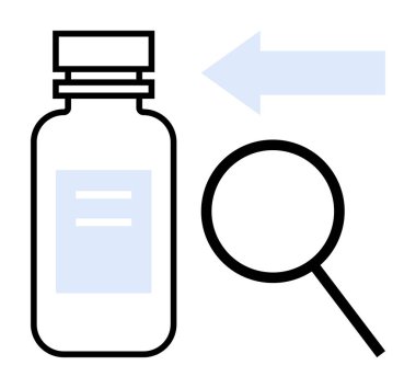 İlaç şişesi büyüteçle ve sol tarafı gösteren bir okla incelendi. Sağlık, araştırma, teftiş, ilaç araştırması, kalite kontrol, ilaç ambalajı, analiz için ideal. Basit.