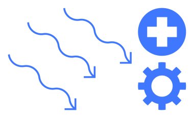 Dalgalı oklar tıbbi haç ve teçhizatın yanında aşağıya bakıyor. İş akışı, sağlık yönetimi, tıbbi süreç, rehberlik, yön bulma, yenilik ve sorun çözme için ideal. Basit düz metafor