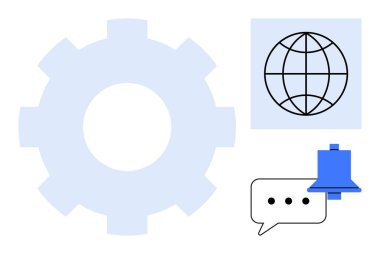 Vites sembolü, küre, bildirim zili, küresel iletişim, sistem özelleştirmesi ve alarmları gösteren noktalı sohbet balonu. Teknoloji, ayarlar, uyarı iletileri ağı için idealdir