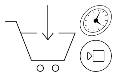 İndirme oku, saat saati ve içerik için video oynatma simgesi olan alışveriş arabası. E-ticaret, zaman yönetimi, multimedya, çevrimiçi alışveriş, dağıtım, dijital pazarlama için ideal daire