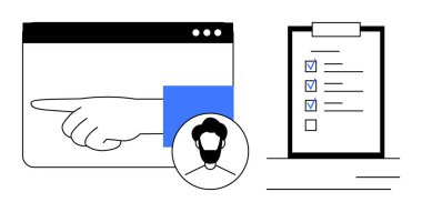 Tarayıcı arayüzü, erkek avatar, işaretli görevler listesi. Üretkenlik, proje yönetimi, takım çalışması, dijital profiller, görev izleme, basit düz metafor için ideal