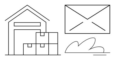 Depoda istiflenmiş kutular, büyük bir zarf ve bitki elementi var. Lojistik, e-ticaret, dağıtım, tedarik zinciri, iletişim depolama ve nakliye konseptleri için ideal. Basit düz metafor