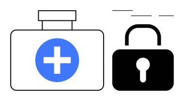 Sağlık güvenliğini temsil eden kapalı bir asma kilidin yanında mavi tıbbi haç bulunan ilk yardım kutusu. Sağlık hizmetleri, mahremiyet, koruma, güvenlik, sigorta, veri güvenliği için ideal, basit düz metafor