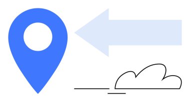 Büyük mavi lokasyon iğnesi, sol işaret eden ok ve minimum bulut grafiği. Navigasyon, seyahat, yön, coğrafya, harita planlama ve yol bulma için idealdir. Basit düz metafor