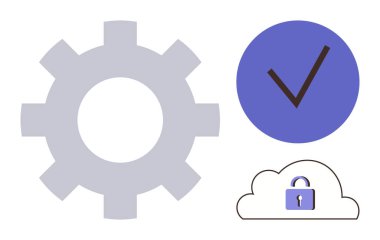 Dişlileri sembolize etme süreci, onay işaretleri ve kilitli bulut güvenlik, verimlilik ve veri bütünlüğünü temsil ediyor. Teknoloji için ideal, optimizasyon süreci, siber güvenlik, bulut depolama bilimi