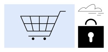 Bir asma kilidin yanında alışveriş arabası ve online alışveriş, siber güvenlik ve veri korumasını sembolize eden bir bulut ikonu. E-ticaret, güvenli ödeme, mahremiyet, teknoloji, perakende, İnternet güvenliği için ideal