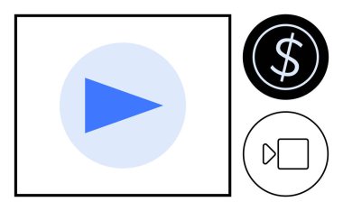 Merkezde mavi oynatma tuşu, siyah dolar işareti çemberi, beyaz kamera ana hatları. Medya akışı, para kazanma, yaratıcılık, pazarlama, içerik oluşturma, dijital platformlar için idealdir. Basit.