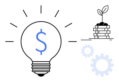 Dolar işaretli ampul, bir bitkiyi besleyen para yığını ve finansal büyümeyi, yeniliği ve stratejiyi sembolize eden dişliler. Yatırımlar, girişimler, sürdürülebilirlik ve iş fikirleri için ideal kar