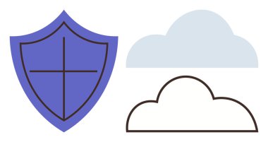 Mor kalkan ve haç tasarımı siber güvenliği, veri güvenliğini ve bulut depolama korumasını simgeleyen iki bulut ana hatları. Güvenlik, teknoloji, mahremiyet, depolama, savunma ve bilişim için ideal