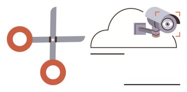 Mobese kamerasıyla kesilen makas veri gizliliğini, gözetlemeyi ve siber güvenlik temalarını gösteriyor. Dijital koruma için ideal, çevrimiçi gizlilik, uyum, şifreleme, bulut bilgisayarı, hackleme