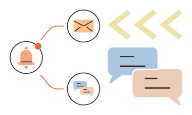 Çan bildirimi, e-posta zarfı ve konuşma baloncukları uyarıları, mesajları ve iletişim akışını temsil ediyor. Anımsatıcılar, güncellemeler, etkileşim, takım çalışması dijital bağlantı araçları için idealdir