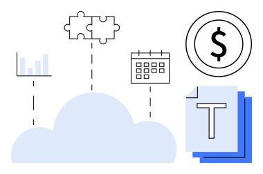 Bulut birleştiren grafikler, bulmaca parçaları, takvim, para ve belgeler. İş planlaması için ideal, çevrimiçi işbirliği, veri yönetimi, bulut hesaplama iş akışı organizasyonu için basit