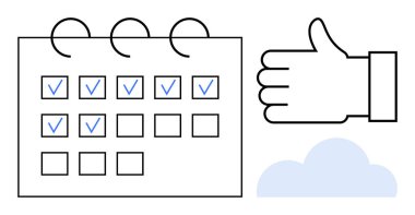 El çizimi takvim, mavi bulutun yanında görev işaretleriyle işaretlenmiş. Üretkenlik, programlama, planlama, görev yönetimi, tamamlama, zaman organizasyonu, basit iniş sayfası için ideal