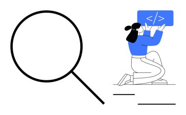 Büyüteç, elinde bir şifre parçası tutan diz çökmüş bir kadını vurguluyor. Kodlama, geliştirme, arama, öğrenme, optimizasyon, keşif, basit iniş sayfası için ideal