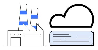 Dijital dönüşümü, sürdürülebilirliği ve modern teknolojiyi sembolize eden bulut sunucusuna bağlı ikiz bacaları olan fabrika binası. Endüstri için ideal, bulut depolama, enerji, yenilik
