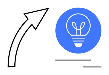 Siyah yukarı doğru ok, içinde bir ampul olan mavi daireyi gösteriyor. Büyümeyi, fikirleri ve başarıyı simgeliyor. Yenilik, iş büyümesi, yaratıcılık, strateji, başlangıç eğitimi için ideal