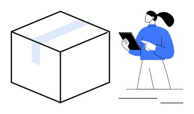 Elinde tablet tutan kadın, büyük bir kutuya el kol hareketi yapıyor, nakliye, lojistik, envanter, teslimat, e-ticaret, depo yönetimi kavramı. İşlemler için ideal dijital araçlar