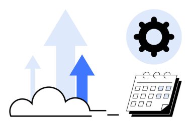 Bulut, takvim ve dişli ikonundan yükselen mavi oklar büyümeyi, planlamayı ve üretkenliği sembolize eder. İş, strateji, yenilik planlama, verimlilik takım çalışması için ideal. Basit.