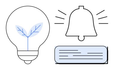 Filizlenen yapraklı ampul, çevre dostu yeniliği, uyarı zilini ve iletişimi temsil eden mesaj kutusunu simgeler. Sürdürülebilirlik, anımsatıcılar, uyarılar, mesajlar, büyüme için ideal