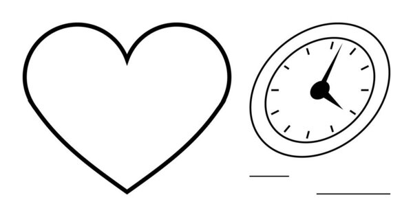 Heart shape next to an analog clock suggests themes of love, time, urgency, balance, health, and emotions. Ideal for health, relationships time management self-care and mindfulness concepts. A
