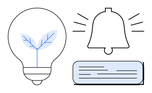 Лампочка с проросшим листом символизирует экологически чистые инновации, колокол для уведомлений и ящик сообщений, представляющий собой коммуникацию. Идеально подходит для устойчивого развития, напоминания, предупреждения, сообщения, рост