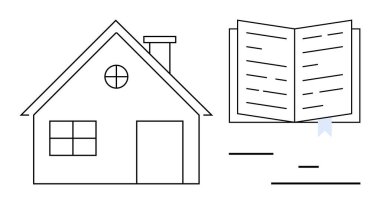 Basit bir ev yapısı ve kitap ayracının olduğu açık bir kitap. Eğitim, öğrenim, okuma, ev eğitimi, yaratıcılık, minimalizm ve basit iniş sayfası için ideal