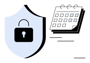 Siber güvenlik için kalkanda asma kilit ve programlama takviminin yanında gizlilik. Planlama, veri koruması, teslim tarihleri, organizasyon, strateji, üretkenlik için ideal, basit düz metafor