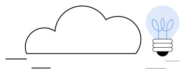 Bitkiden esinlenilmiş liflerle parlayan bir ampule bağlı bulut şekli sürdürülebilirliği, yeniliği ve büyümeyi sembolize ediyor. Teknoloji, bulut hesaplama, fikirler, enerji, yaratıcılık için ideal