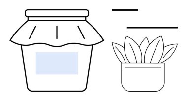 Minimalist tarzda yaprakları olan bir saksı bitkisinin yanında kumaş kapaklı basit bir kavanoz. Sürdürülebilirlik, doğal ürünler, çevre dostu konsept, ev yapımı ürünler, organik yaşam, bahçe işleri için ideal