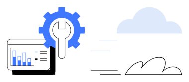 Veri ekranlarının yanında vites ve anahtar optimizasyon, verimlilik ve analizi temsil ediyor. Hareket çizgileri olan bulut bulut teknolojisi demektir. Teknoloji, yazılım, bakım ve analiz için ideal