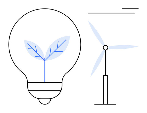 Лампочка окружает растение, символизирующее зеленую энергию рядом с ветряной турбиной. Идеально подходит для возобновляемых источников энергии, экологически чистого дизайна, экологического просвещения, борьбы с изменением климата