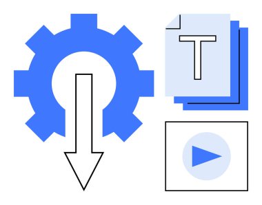 Aşağı doğru ok, katmanlı belgeler ve otomasyon, iş akışı, optimizasyon, belge işleme, medya, teknoloji araçlarını temsil eden oynatma düğmesi. Yönetim sistemleri verimliliği için ideal basit