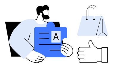 Elinde belge metni, alışveriş çantası ve işaret levhası olan bir yapboz parçası tutan adam. Çözümler için ideal, işbirliği, alışveriş, onay, iletişim, karar veren basit iniş sayfası