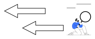 Karşı tarafı gösteren büyük oklar ve elinde bir büyüteç tutan diz çökmüş bir insan analizi çağrıştırıyor. Karar verme, problem çözme, keşif, navigasyon, yön bulma, analiz, araştırma için ideal