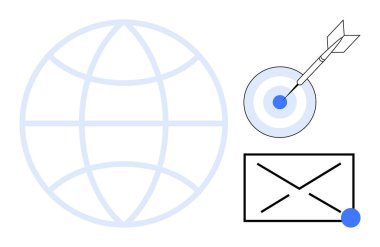 Globe, ok hedefi tam on ikiden vuruyor ve üzerinde nokta olan bir zarf. Küresel ulaşım, e-posta pazarlama, hedef başarı, iletişim stratejisi, iş büyümesi, etkili hedefleme