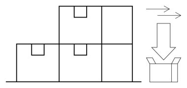 Yığılmış kutular, açık bir kutuya girildiğini gösteren yönsel okların yanında. Lojistik, dağıtım, paketleme, nakliye, depolama, dağıtım, depo işlemleri için ideal. Basit düz metafor