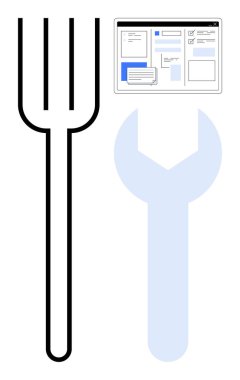 Bir web sitesi düzeninin altında şeffaf bir anahtarın yanında büyük bir çatal. Tasarım için ideal, kullanıcı arayüzü, geliştirme, bütünleşme, problem çözme, yenilik, basitlik. Basit bir daireyi temsil eder