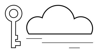 Bulutun yanında anahtar taslak, veri şifreleme, erişim yönetimi ve bulut güvenliğini temsil ediyor. Siber güvenlik, bulut teknolojisi, dijital koruma, çevrimiçi gizlilik, veri depolama ağı için ideal
