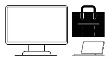 Masaüstü monitörü, kapalı dizüstü bilgisayar ve iş hayatı dengesi, uzaktan çalışma, dijital görevler öneren evrak çantası. Teknoloji, iş dünyası, üretkenlik, kariyer e-ticaret hareketlilik sadeliği temaları için ideal